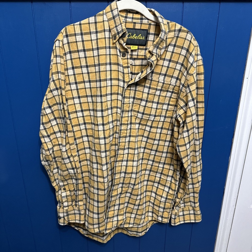 Cabela's Mens Size‎ MT Long Sleeve Button Down Flannel Shirt Yellow Plaid